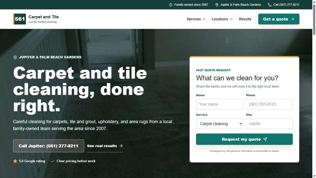 561 Carpet and Tile website concept with its cleaning services and quote request
