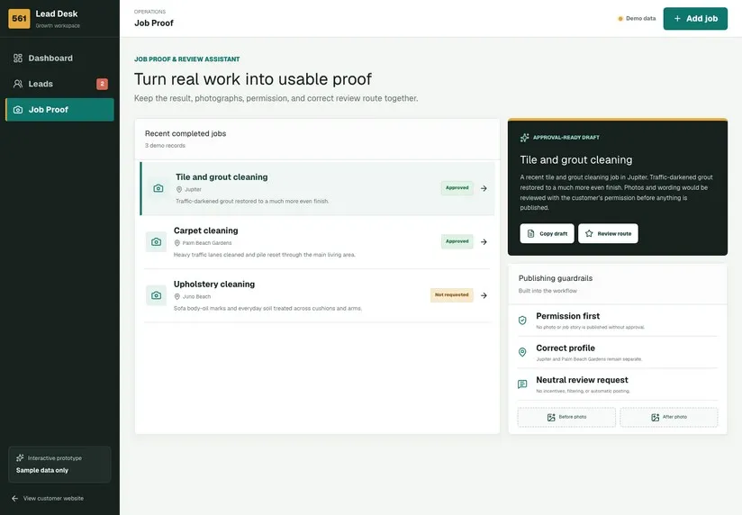 561 Job Proof prototype showing a job story and permission checklist with sample information